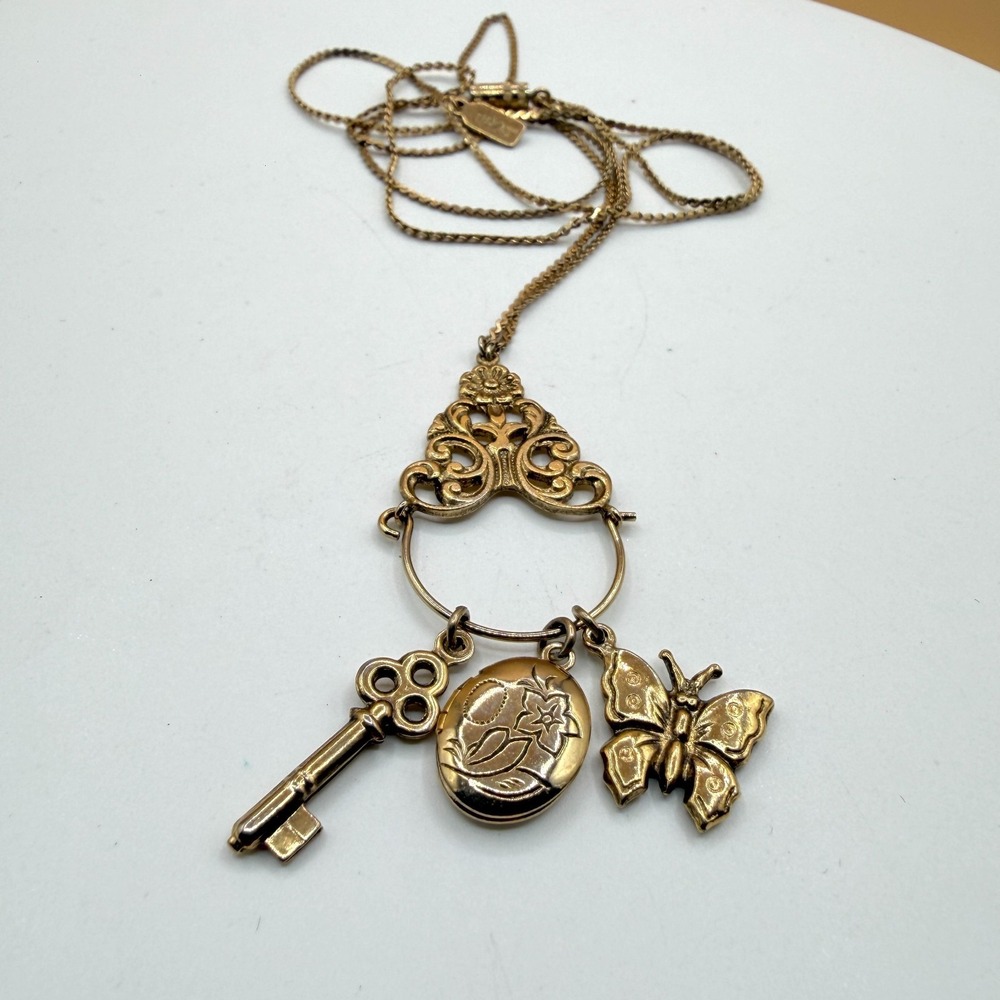Gold Tone Charm Necklace Key Butterfly Floral Locket Ornate Pendant Statement